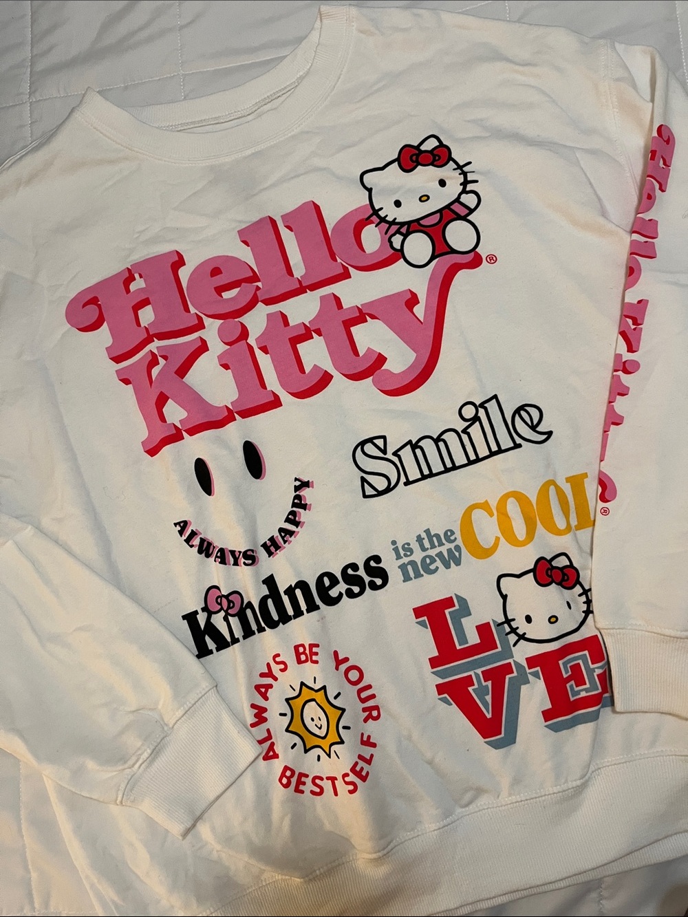 Hello Kitty White Sweatshirt with Pink, Red, Yellow and Black Graphics XL